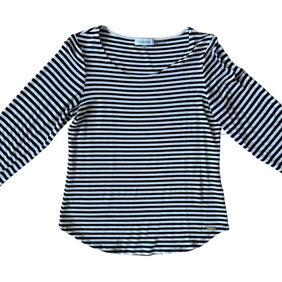 Calvin Klein Black + White Striped Long-Sleeved Tee Women's US Size M - Picture 1 of 6